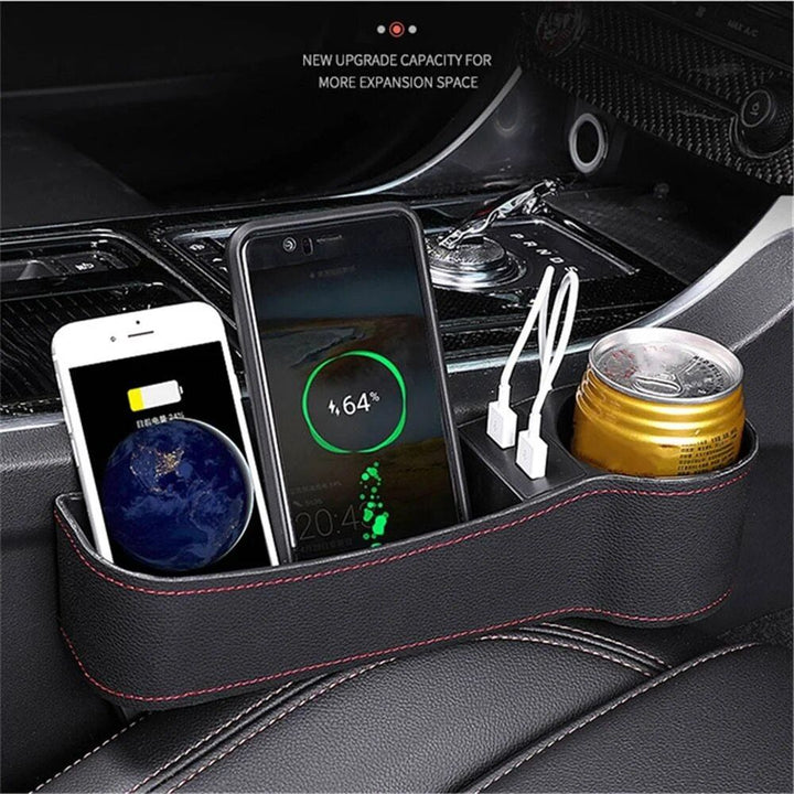 Leather Car Seat Gap Organizer with Dual USB Charging & Cup Holder