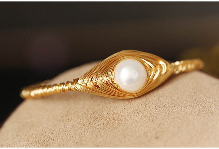 Ornament Baroque Pearl Handmade Wire Wound Bracelet With Opening