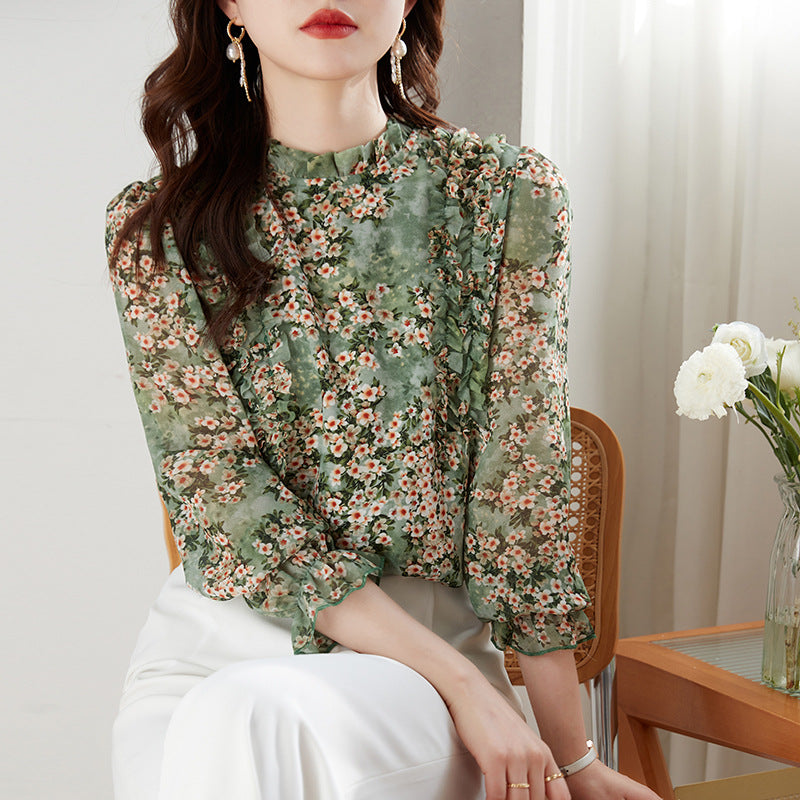 Women's Long Sleeved New Chiffon Printed Top Westernized Small Shirt