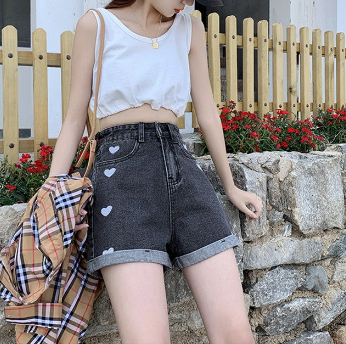 Female With Hearts High Waist Slimming Denim Shorts