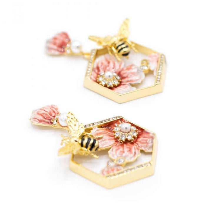 Cartoon Fairy Tale Style Enamel Painted Flower Petals Small Bee Inlaid Jewel Earrings