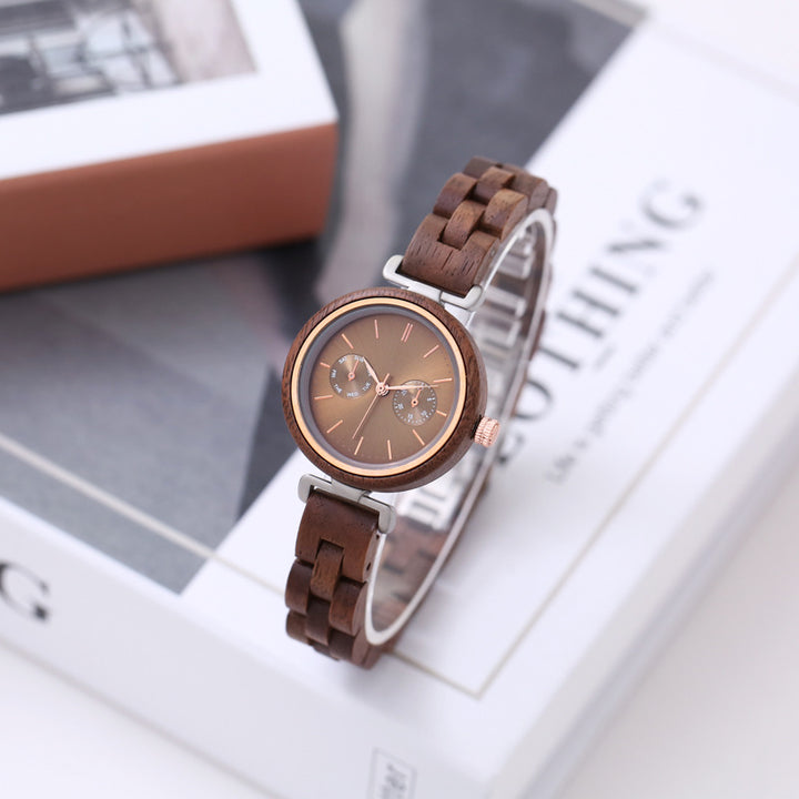 Ladies Quartz Round Analog Ebony Wood Watch