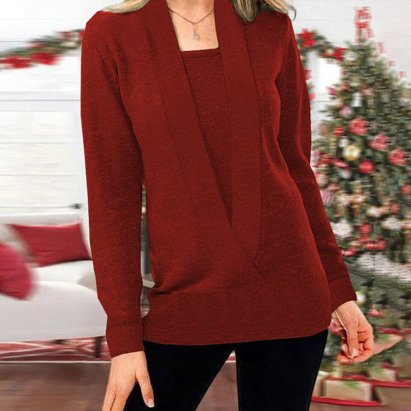 Knitted Solid Color Deep V-neck Long Sleeved Sweater For Women