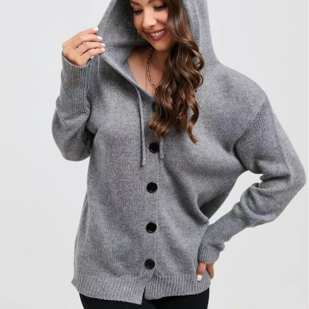 Women's Fashion Solid Color Hooded Single-breasted Sweater