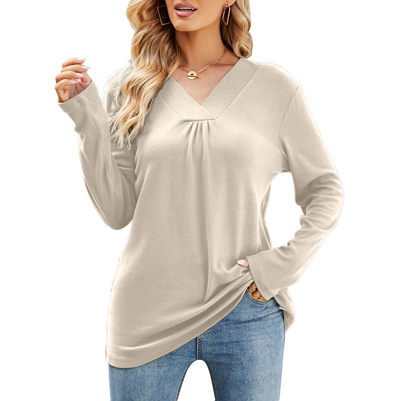 Women's Casual V Neck Long Sleeve Loose T Shirt In Solid Color