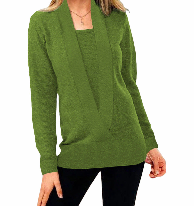 Knitted Solid Color Deep V-neck Long Sleeved Sweater For Women