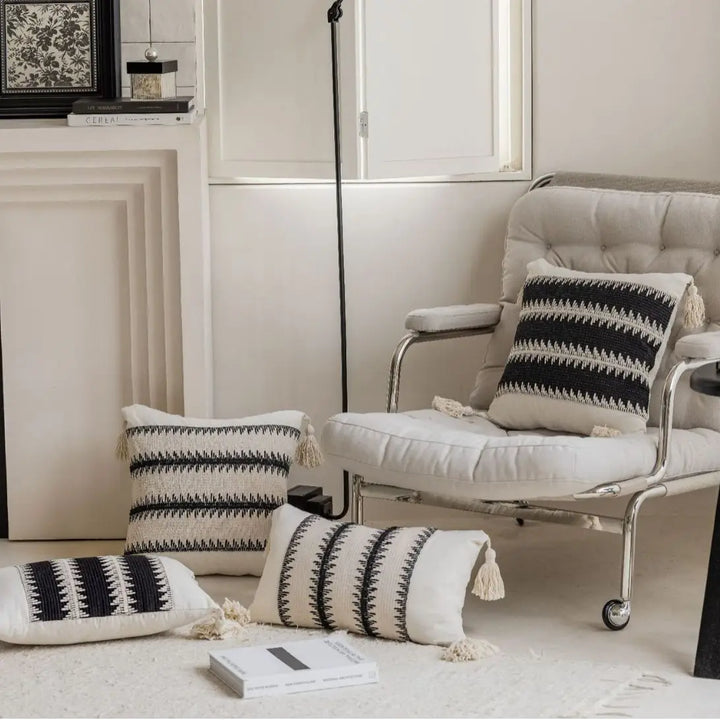 Large Black & White Geometric Jacquard Crochet Pillow Cover with Tassels – 24x24 Inch Decorative Cushion Case