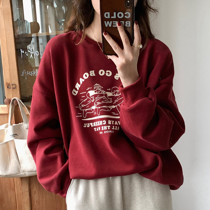 Loose Letter Printed Fleece Sweater For Women