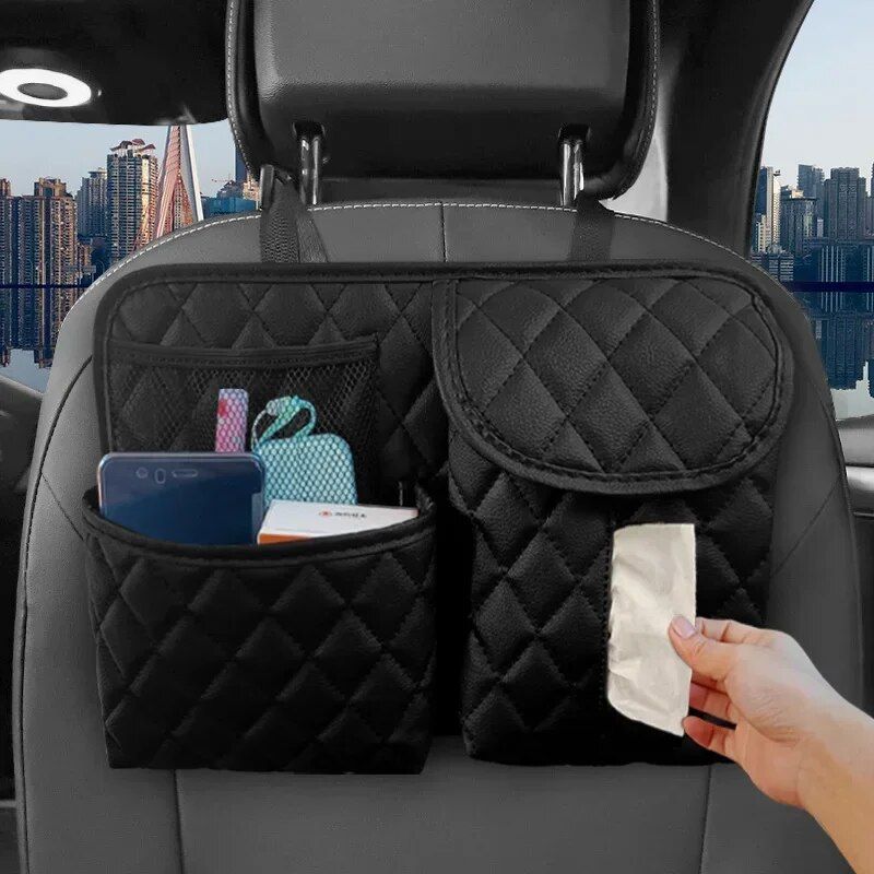 Luxury Leather Car Seat Back Organizer with Phone and Umbrella Holder