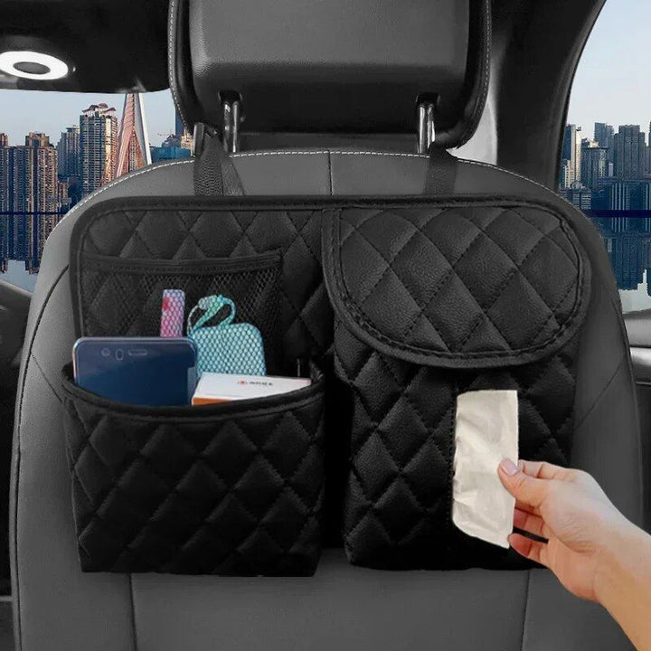 Luxury Leather Car Seat Back Organizer with Phone and Umbrella Holder