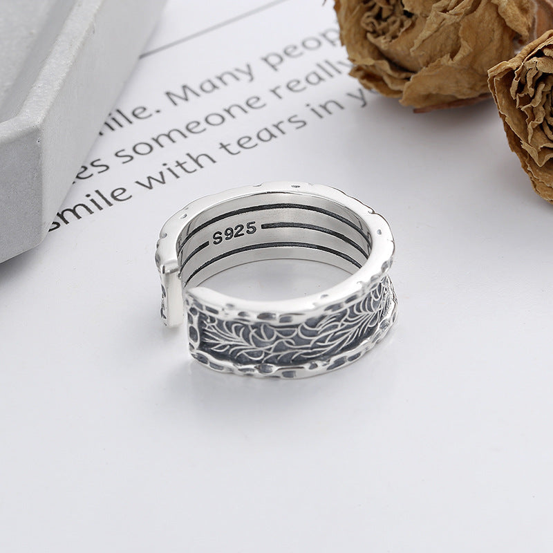 Sterling Silver Irregular Tang Grass Pattern Wide Ring