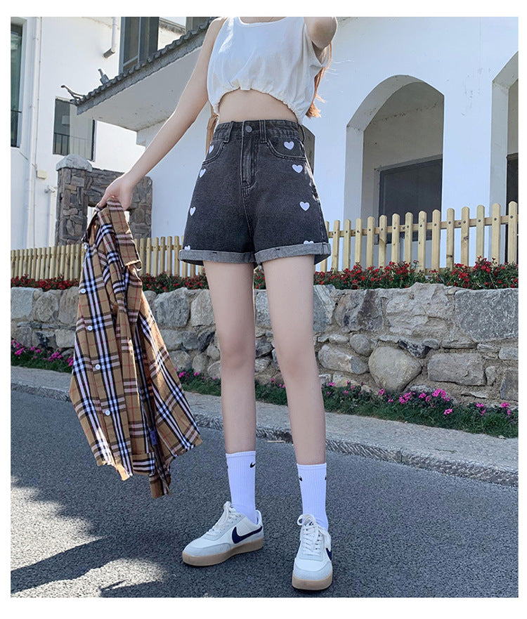 Female With Hearts High Waist Slimming Denim Shorts