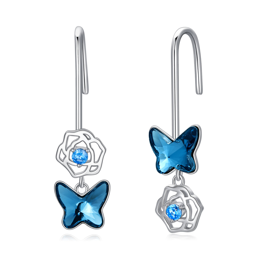 Butterfly Earrings 925 Sterling Silver Drop Earring Elegant Blue Crystal Butterflies Wings Dangle Earring Cute Flower Jewelry Birthday Gift