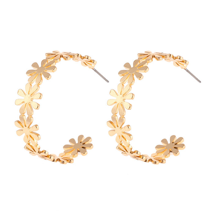 Golden Geometric C-Shaped Flower Drop Earrings for Women