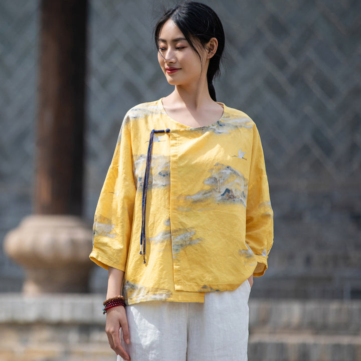 Retro Crew Neck Linen Printed Diagonal Buckle Zen Shirt