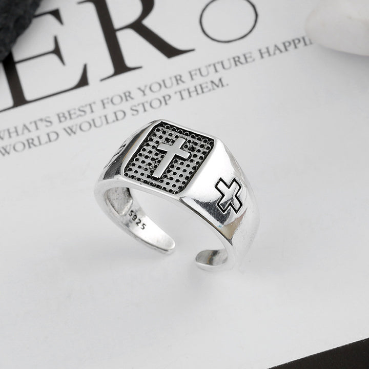 S925 Sterling Silver Cross Marcasite  Punk Men's Ring