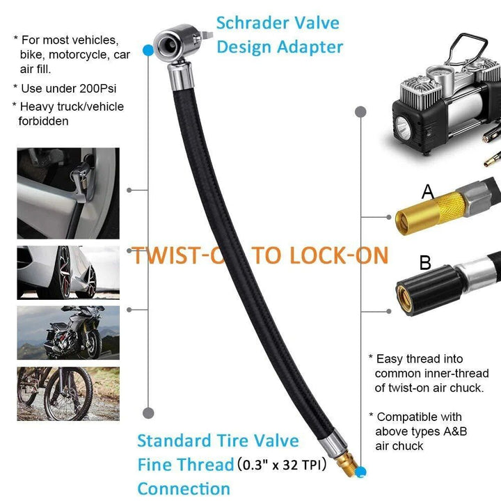 Universal Tire Inflator Hose with Locking Air Chuck for Cars & Bikes