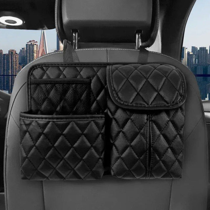Luxury Leather Car Seat Back Organizer with Phone and Umbrella Holder