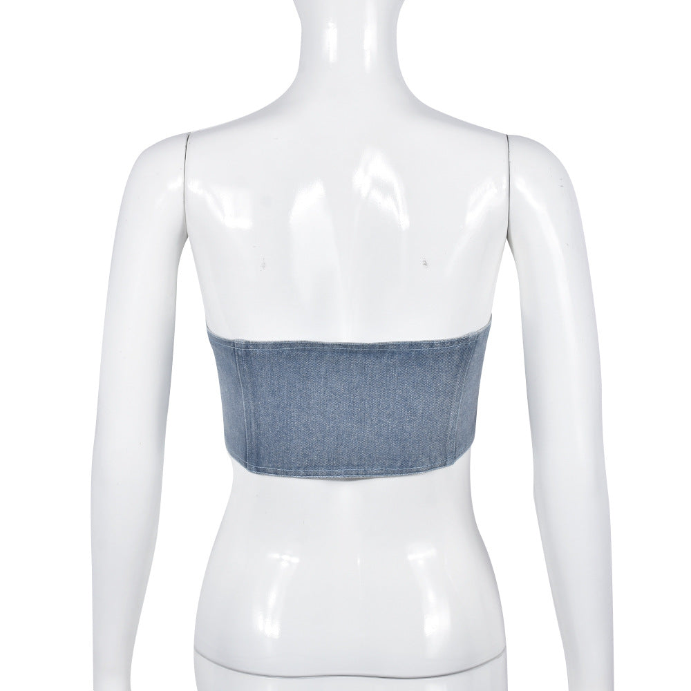 Irregular Zipper Wash Denim Tube Top