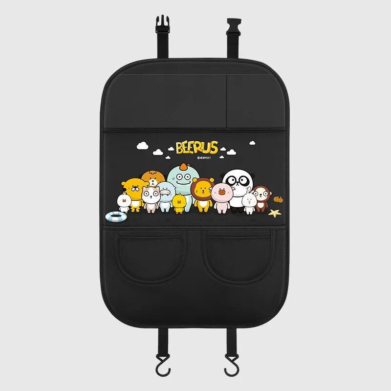 Car Seat Back Protector with Cartoon Design & Storage Pocket