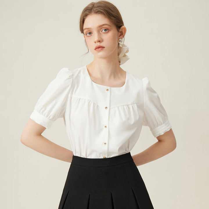 White French Square Collar Shirt with Puff Sleeve