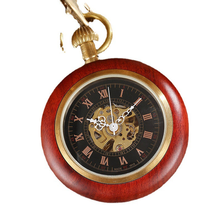 Red Copper Wood Roman Scale Retro Mechanical Pocket Watch