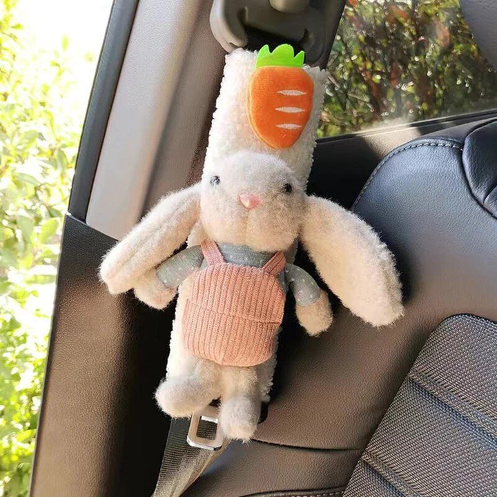 Plush Rabbit Car Seat Belt Decor with Shoulder Protector & Headrest Drawer