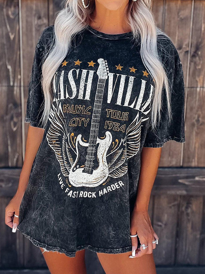 Personalized Solid Color Guitar Vintage Print Pullover Round Neck Mid-length Short Sleeve Women