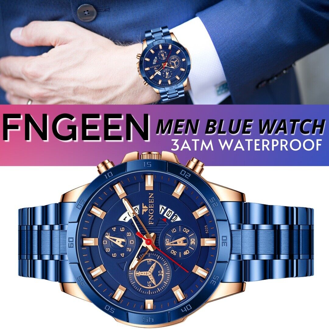 Men's Watch Stainless Steel Quartz Classic Business Wristwatch For Men - Blue