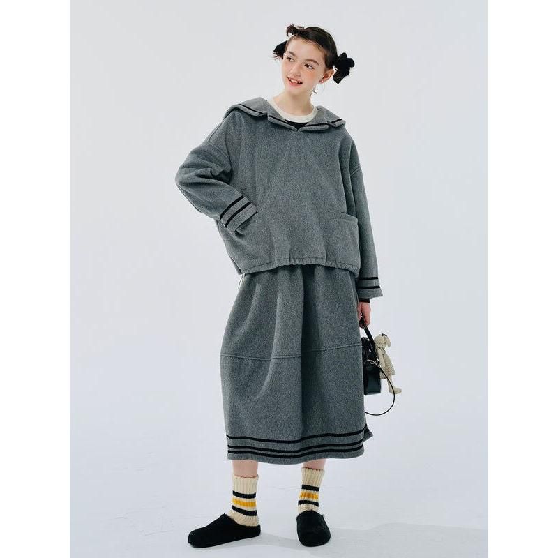 Women's Gray Navy Collar Woolen Pullover Coat