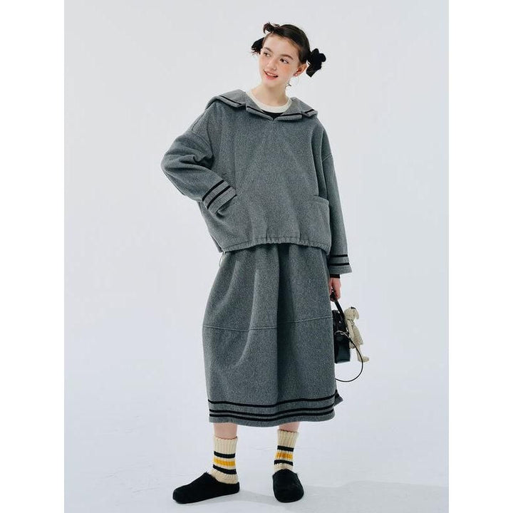 Women's Gray Navy Collar Woolen Pullover Coat