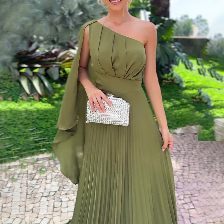 Summer Sloping-shoulder Off The-shoulder Sexy Pleated Shawl High Waist Dress