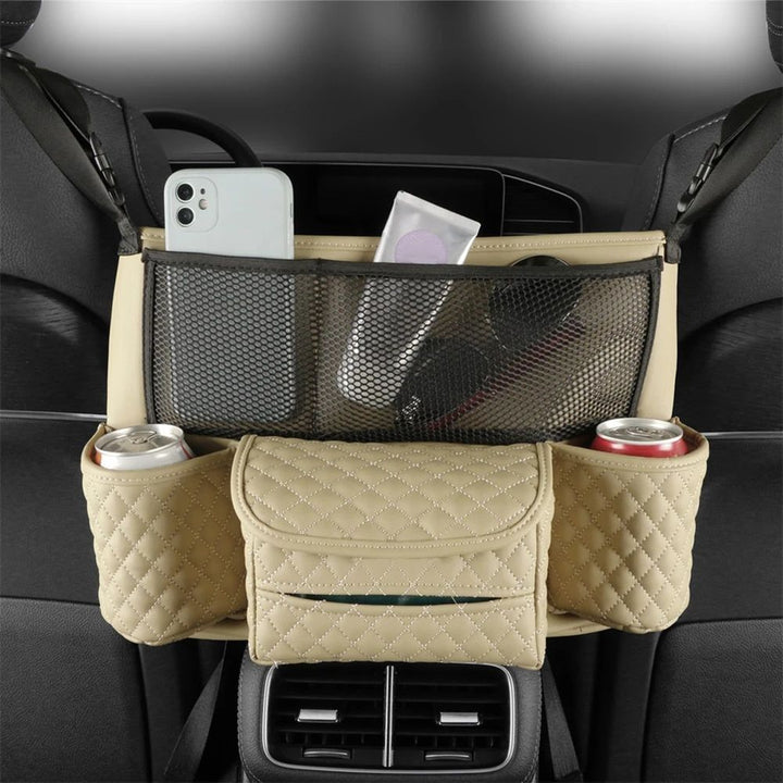 Luxurious Leather Car Seat Storage Bag with Drink Holders