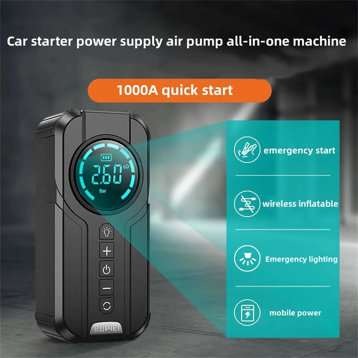 Multi-Function Portable Car Jump Starter with Air Compressor, Power Bank, and Emergency Light