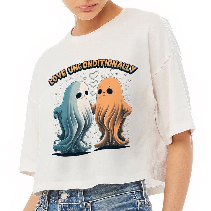 Love Unconditionally Women's Crop Tee Shirt - Ghost Print Cropped T-Shirt - Graphic Crop Top - MRSLM