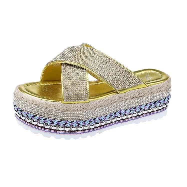 Cross Rhinestone Woven Waterproof Platform Toe Women's Slippers - MRSLM