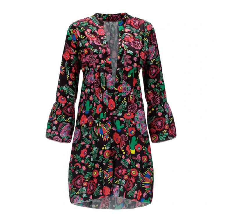 Printed V-neck button ruffled loose dress - MRSLM
