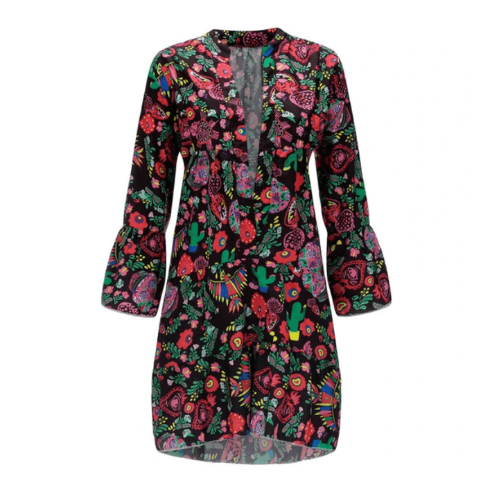 Printed V-neck button ruffled loose dress - MRSLM