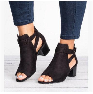 Large size thick high heel sandals fish mouth side empty buckle sandals - MRSLM