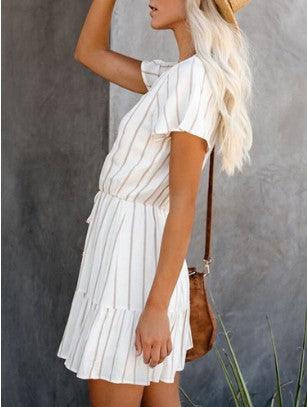 Striped short sleeve tie waist casual dress - MRSLM