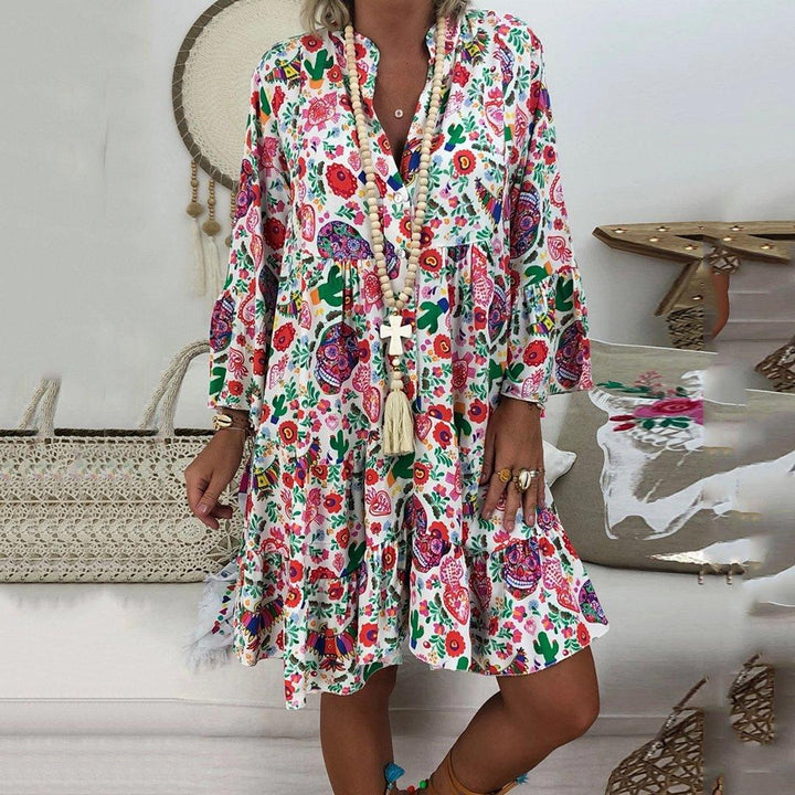 Printed V-neck button ruffled loose dress - MRSLM