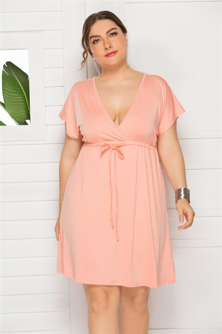 Solid color short sleeve deep V-neck short dress - MRSLM