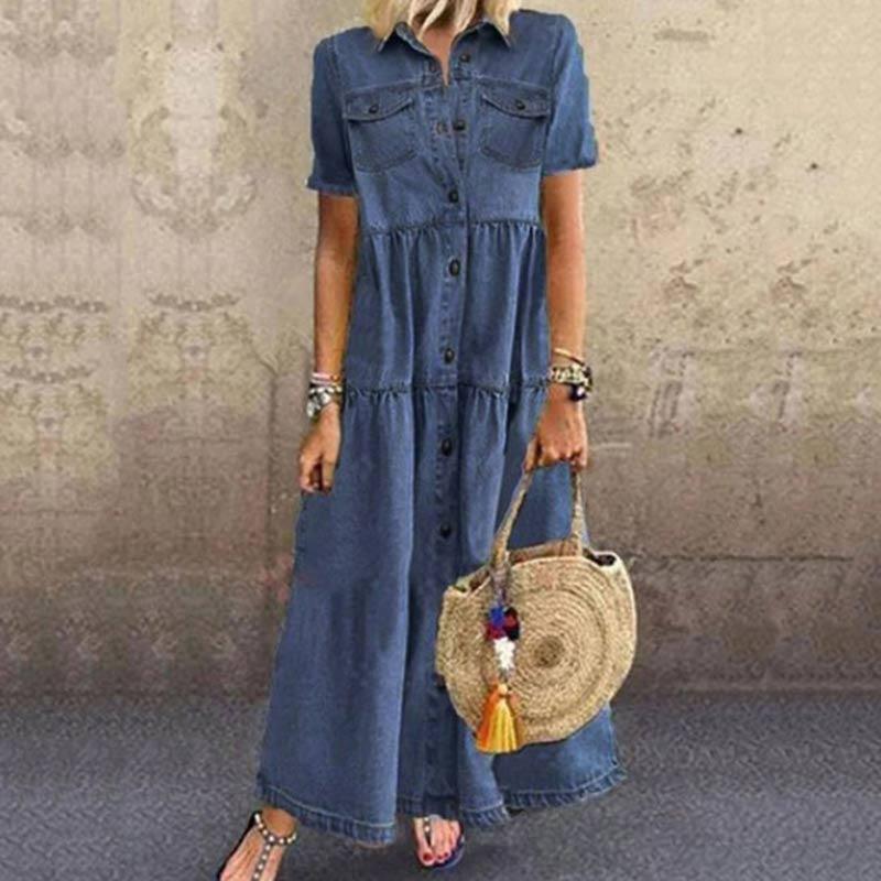 Denim style long multi-buckle distressed dress - MRSLM