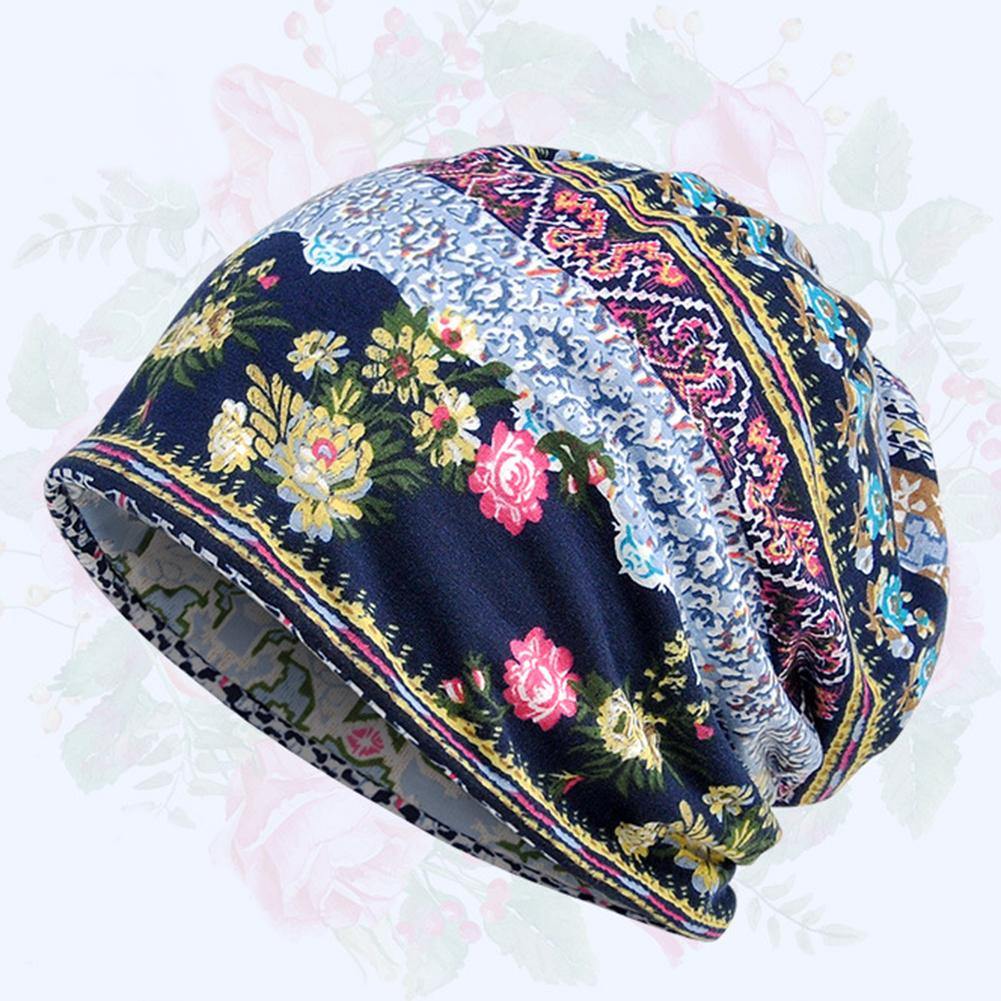 Women Vintage Flower Print Sun Block Muslim Cap Stretch Turban Hat Head Scarf - MRSLM