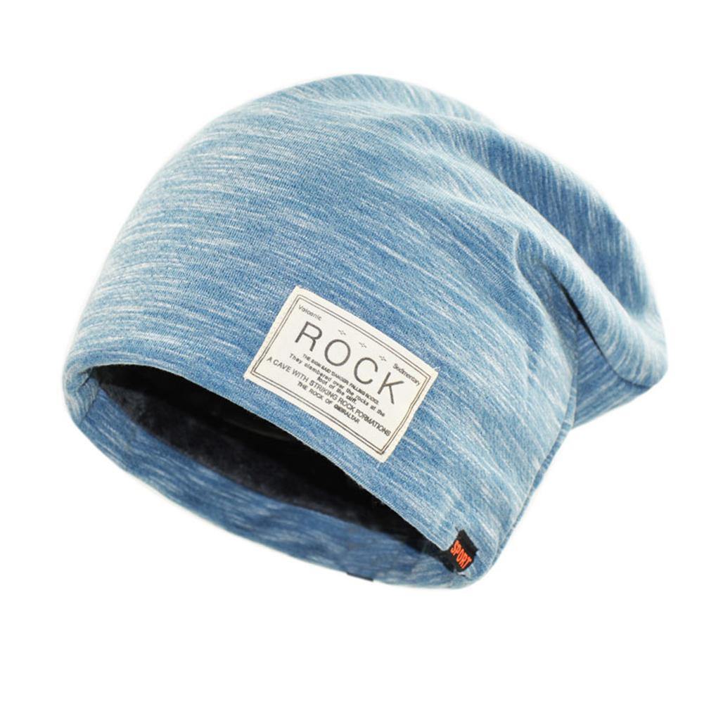 Hip Hop Cap Winter Solid Color Beanie ROCK Patch Fleece Lining Casual Men Hat - MRSLM
