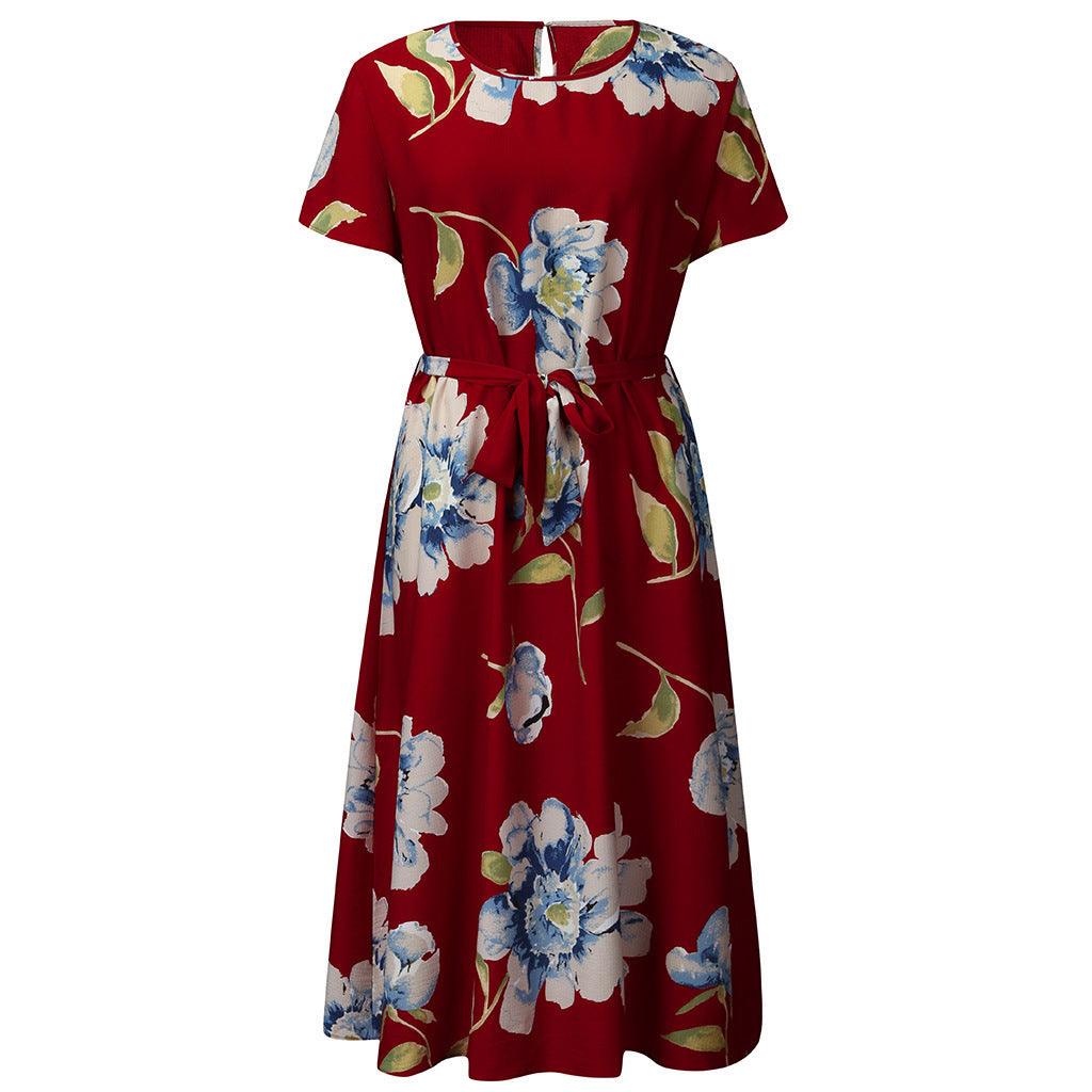 Round neck short sleeve printed waist dress - MRSLM