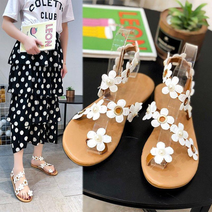 Outer Size Plus Size Sandals Women's Flower Flat-bottomed Beach Roman All-over Sandals - MRSLM