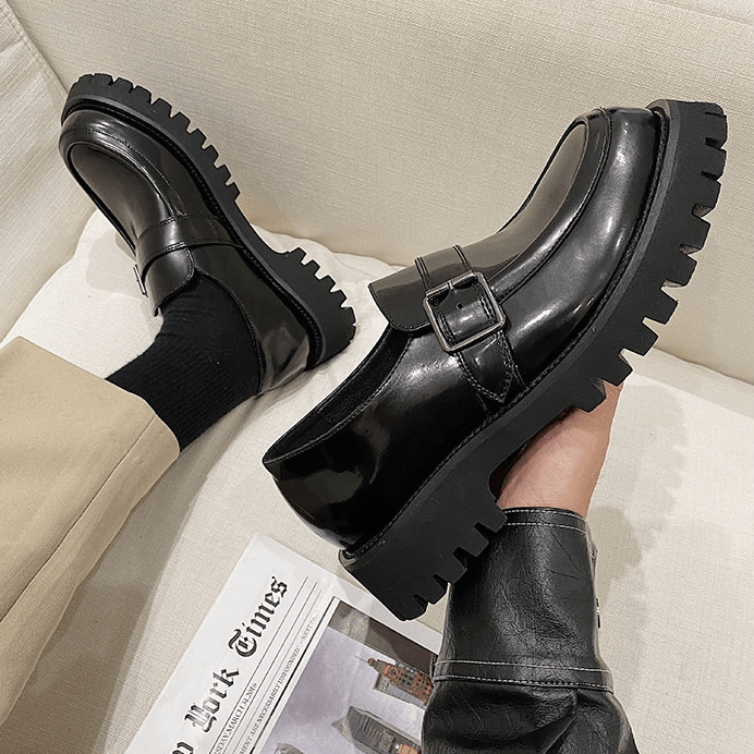 Buckle Japanese Thick-Soled Retro Round Toe Small Leather Shoes British Bright Surface Casual Platform Shoes - MRSLM