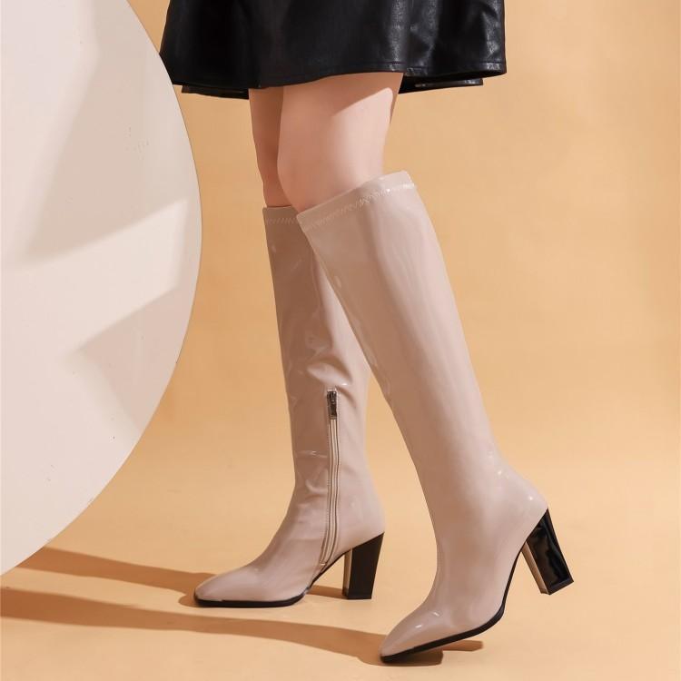 Patent Leather Chunky Heel High Heel High Boots - MRSLM