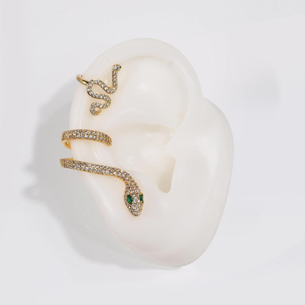 Three-Dimensional Animal Ear Clip Zircon Gold Snake Earrings - MRSLM